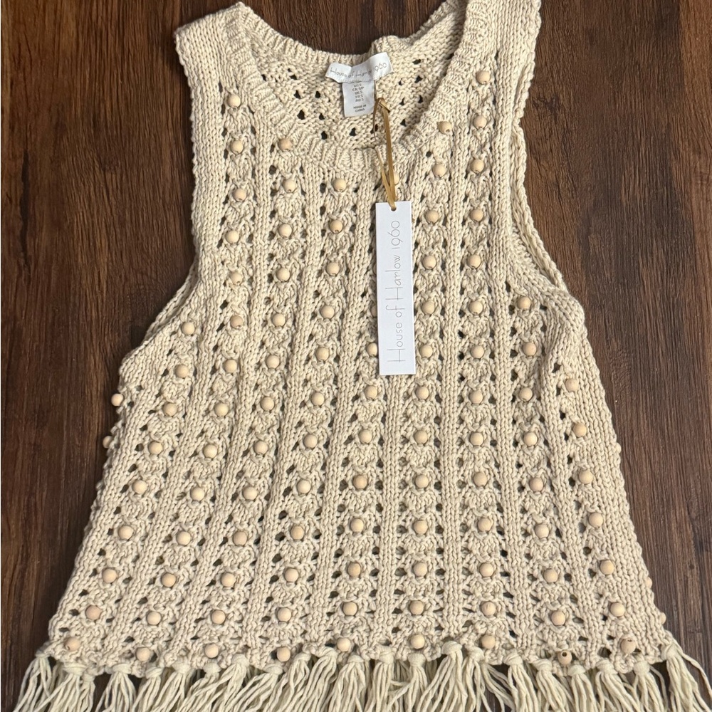 House of Harlow 1960 Crochet Fringe Tank Top with beads. Size small S